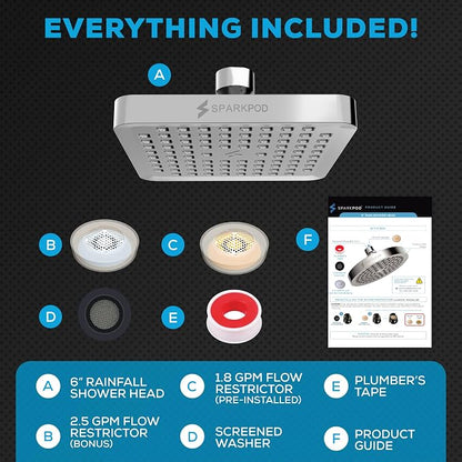 SparkPod Rain Shower Head, 6 Inch Square | High Pressure Shower Heads, 90 Nozzle (Touch-to-Clean), Adjustable Showerhead, No-tool Universal Connection