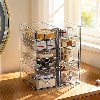 Prsildan Acrylic Drawer Makeup Organizer with 10 Drawers, Set of 2 Office Desk Organizers Accessories, Clear Stackable Storage Drawers for Vanity, Countertop, Craft, Jewelry, Art Supply Organization