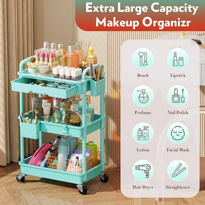 SUNALLY Makeup Cart Organizer with Drawers, Floor Skincare Organizers Vanity Storage Organizer, Rolling Makeup Bathroom Storage Cart Cosmetics Display Cases for Skin Care Perfume Nail Polish, Blue