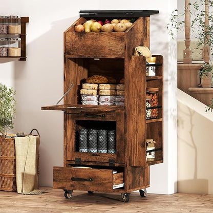 Verano Garden Potato and Onion Storage Bin on Wheels, Wood Bread Box with Lid & Mesh Doors, 4-Tier Rolling Fruit and Vegetable Storage Organizer w/Drawer & Side Rack for Kitchen (Rustic Brown, 16.0")