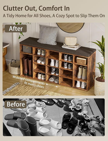 DINZI LVJ Shoe Storage Bench, 20-Cubby Shoe Rack Bench with Cushion, Fully Adjustable Shelves, Shoe Organizer for Closet, Entryway, Mudroom, Hallway and Garage, Rustic Brown