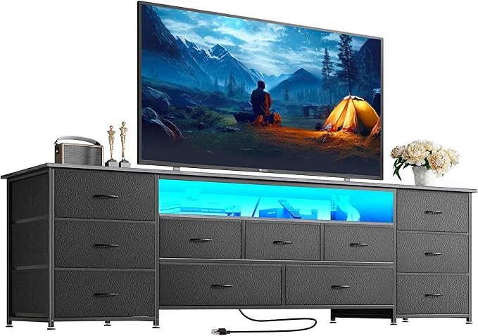 Huuger 70 Inch TV Stand for 75, 80 Inch TV, 11 Drawer Long Dresser with Power Outlets and LED Lights, Entertainment Center with Storage, Grey Dresser with PU Leather Surface