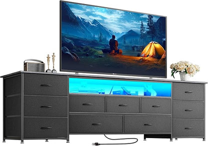 Huuger 70 Inch TV Stand for 75, 80 Inch TV, 11 Drawer Long Dresser with Power Outlets and LED Lights, Entertainment Center with Storage, Grey Dresser with PU Leather Surface