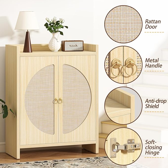 Shoe Cabinet Storage for Entryway - Rattan Entry Way Shoe Storage Cabinet with Adjustable Shelves, Wood Shoe Organizer Cabinet, Accent Cabinet with Doors for Entrance Hallway Living Room Foyer