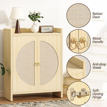 Shoe Cabinet Storage for Entryway - Rattan Entry Way Shoe Storage Cabinet with Adjustable Shelves, Wood Shoe Organizer Cabinet, Accent Cabinet with Doors for Entrance Hallway Living Room Foyer