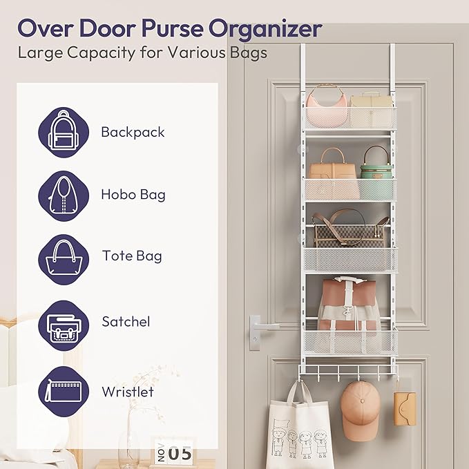 SWTYMIKI Over The Door Purse Organizer - Wall Mounted Purse Rack with 4 Adjustable Metal Basket and 6 Hooks, Hanging Bag Rack for Handbag Organizer, Bag Storage Can Use As 1/2 Part, for Door, Closet