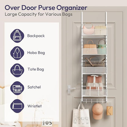 SWTYMIKI Over The Door Purse Organizer - Wall Mounted Purse Rack with 4 Adjustable Metal Basket and 6 Hooks, Hanging Bag Rack for Handbag Organizer, Bag Storage Can Use As 1/2 Part, for Door, Closet