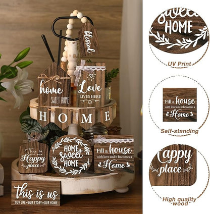 11 Pcs Home Tiered Tray Decor Sweet Home Rustic Farmhouse Tiered Tray Decorations Set Spring Wooden Signs Vintage Farm Animal Farmhouse Tabletop Wood Signs for Kitchen Table Shelf Decor