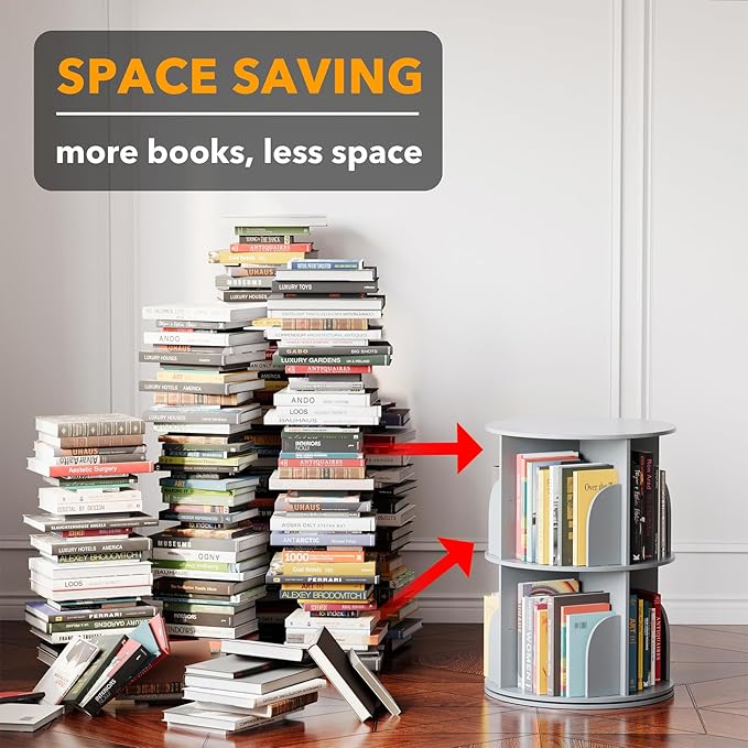 SpaceAid 2 Tier Rotating Bookshelf Tower, Spinning Bookcase Lazy Susan, Revolving 360 Book Shelf Storage Round Carousel, Vertical Rotate Turning Spiral Corner Organizer, Gray