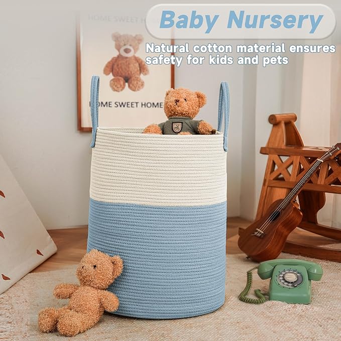 JMvicyroam Large Woven Laundry Basket Hamper,100L Cotton Rope Storage Bin for Blankets,Toys and Clothes,Decorative Tall Nursery Hamper for Living Room,Baby Nursery,Bathroom and Bedroom,White and Blue