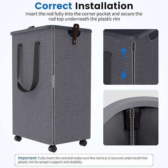 Laundry Basket with 5 Wheels, Tall Dirty Laundry Hamper, Rolling Laundry Basket with Lid, Collapsible Clothes Hamper for Bathroom Bedroom Dorm Laundry Room, Light Gray, 75L