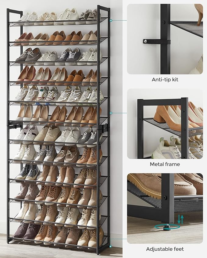 SONGMICS Shoe Rack, 12-Tier Shoe Organizer, Metal Shoe Storage for Garage, Entryway, Set of 2 6-Tier Stackable Shoe Shelf, with Adjustable Flat or Angled Shelves, Holds 48-60 Pairs, Black ULMR12B