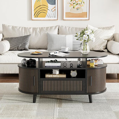 39" Fluted Coffee Table, Coffee Tables with Storage, Oval Coffee Table for Living Room, Center Table with Tambour Doors, Black Coffee Tables for Apartment, Office