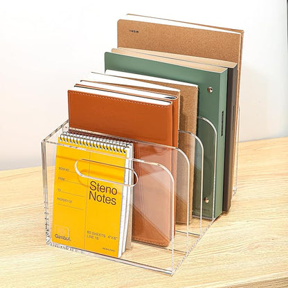 Acrylic Magazine File Holder, 4 Vertical Compartments Desk Document Sorter Organizer, Clear Folder Rack Binder for Office/Documents/Classroom, for Home, Tablet, Magazines, Books & Accessories