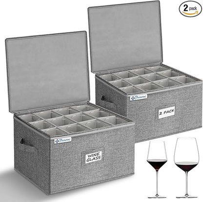 punemi Wine Glass Storage Box, Glassware Storage Containers w/Hard Shell Side Bottom Support & Padded Dividers, Stackable Stemware Storage Case for 24 China Crystal Glasses Drinkware, Moving Supplies