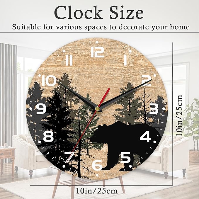 Wall Clock, 10 Inch Silent Non-Ticking Home Kitchen Decor, Battery Operated for Bathroom Bedroom Living Room Office(Forest Bear Plant)