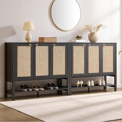 SICOTAS Farmhouse Shoe Cabinet with Storage - 2 Pieces Large Rattan Shoe Organizer with Adjustable Shelves & 3 Doors, Boho Shoe Rack Cabinet for Entryway, Hallway, Living Room (Obsidian)