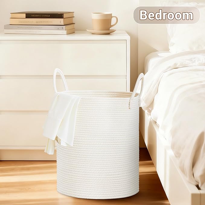Tall Laundry Basket with Handles, 53L Portable Dirty Clothes Hamper, Boho Cotton Rope Storage Bin for Blankets Kids Toys Gifts, Decorative Organizer for Baby Nursery Bedroom Bathroom, White