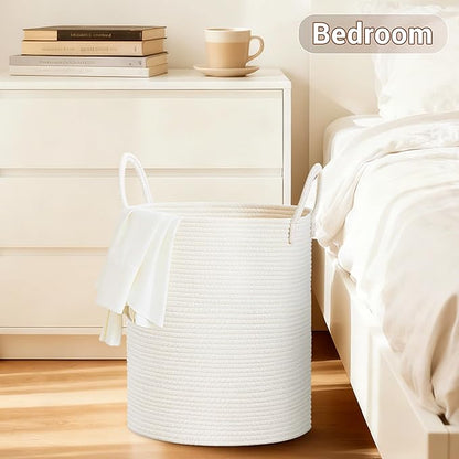 Tall Laundry Basket with Handles, 53L Portable Dirty Clothes Hamper, Boho Cotton Rope Storage Bin for Blankets Kids Toys Gifts, Decorative Organizer for Baby Nursery Bedroom Bathroom, White