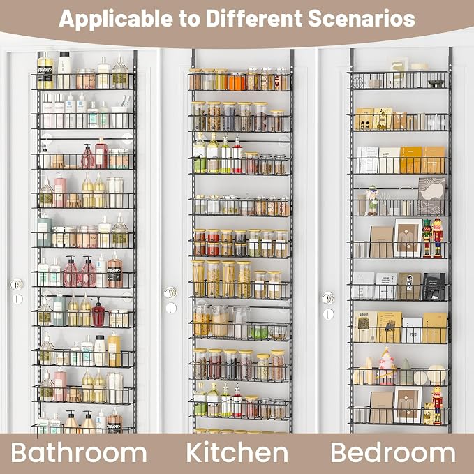 ElegantArray 9-Tier Pantry Door Oragnizer, Over The Door Pantry Organizer Rack and Storage, Hanging Spice Rack Shelves Door, Home Office Laundry Room Bathroom & Kitchen Organization, Deep Gray