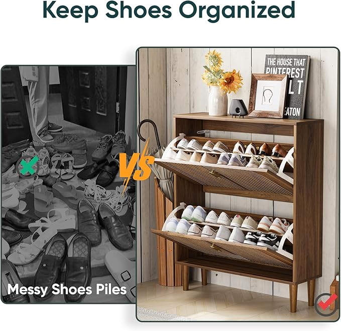 Shoe Cabinet Storage for Entryway with 2 Flip Drawers, Narrow Shoe Cabinet for Entryway, Hidden Slim Shoe Organizer Rack Cabinet (Walnut, 31.5" W)