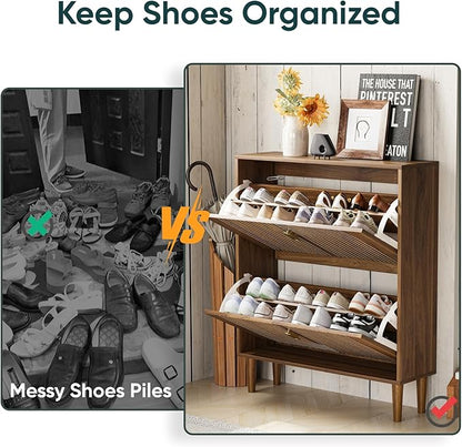Shoe Cabinet Storage for Entryway with 2 Flip Drawers, Narrow Shoe Cabinet for Entryway, Hidden Slim Shoe Organizer Rack Cabinet (Walnut, 31.5" W)