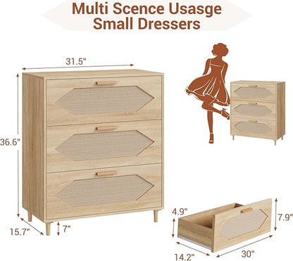 GAOMON 3 Drawer Dresser for Bedroom, 31.5 Inch Wide Rattan Modern Closet Dressers Chest of Drawers, Wood Oak Storage Chest for Kids Bedroom, Hallway, Living Room, Hallway, Natural