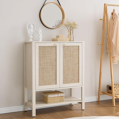 SICOTAS Rattan Shoe Cabinet with Storage - 5 Tier Farmhouse Boho Shoe Organizer Storage Cabinet with Shelves & Doors, Tall Shoe Rack Cabinet for Entryway, Living Room, Closet (White Cream Oak)