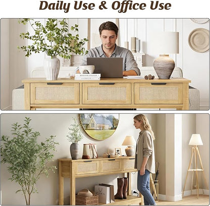Rattan Entryway Table with 4-Port Charging Station (2 AC Outlets + USB/USB-C), 3 Drawers Storage & Open Shelf, Behind Couch Console Sofa Table for Hallway, Foyer - Natural Weave & Oak, 47 Inch