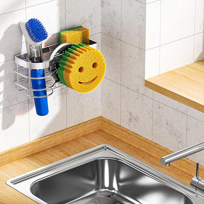 Cisily Smiley Sponge Holder for Kitchen Sink Caddy, Stainless Steel Movable Brush Holder Dish Cloth Hanger, Suction Cup Sink Caddy Organizer Scrubber Accessories (Silver)
