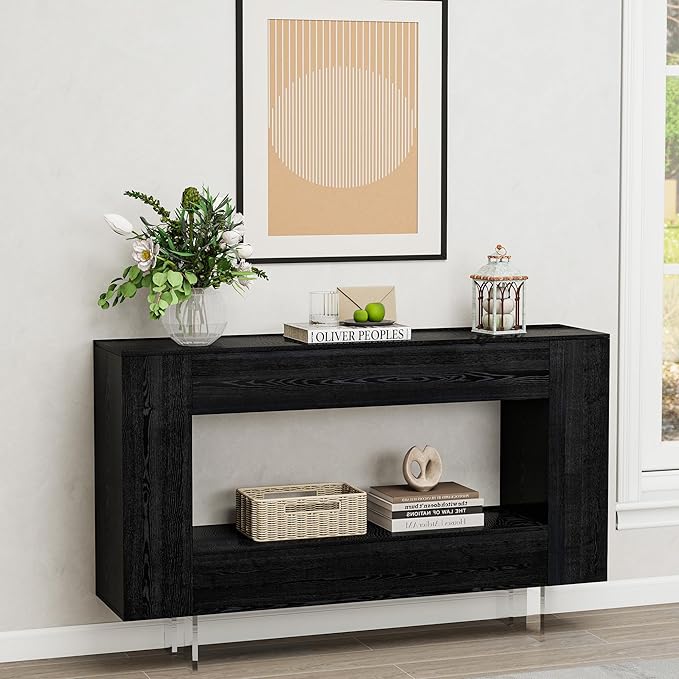 47" Narrow Console Table with Hidden Side Storage Cabinets, Adjustable Shelves, Modern Black Entryway Sofa Table for Behind The Couch, Living Room, Hallway, Black