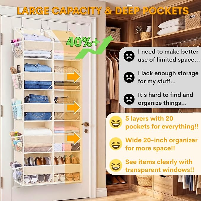 Ofiray-home Over the Door Organizer 5 Tiers,Extra Large Behind Door Storage of 10 Compartments,80 lbs Weight Capacity Over the Door Storage, Door Hanging Organizer for Closet, Diaper Organizer, Beige