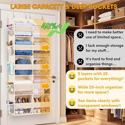 Ofiray-home Over the Door Organizer 5 Tiers,Extra Large Behind Door Storage of 10 Compartments,80 lbs Weight Capacity Over the Door Storage, Door Hanging Organizer for Closet, Diaper Organizer, Beige