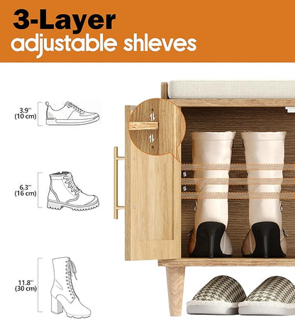 Rattan Shoe Storage Bench with Cushion, 2-Tier Entryway Bench with Adjustable Shelves and 2 Doors, 15" D x 39.4" W x 20" H, Solid Wood Legs, for Hallway, Living Room, Bedroom, Natural Oak
