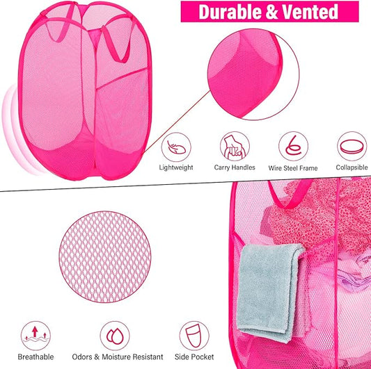 BATTOO Deluxe Strong Mesh Pop up Laundry Hamper Basket with Side Pocket for Laundry Room, Bathroom, Kids Room, College Dorm or Travel 3 Pack Blush