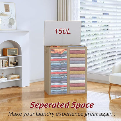150L Laundry Hamper 2 Section, Large Laundry Hamper with Lid, Dirty Clothes Hamper with 2 Removable Inner Bags, Collapsible Laundry Basket Organizer for for Clothes Toys Towels, Hamper 2 Compartment