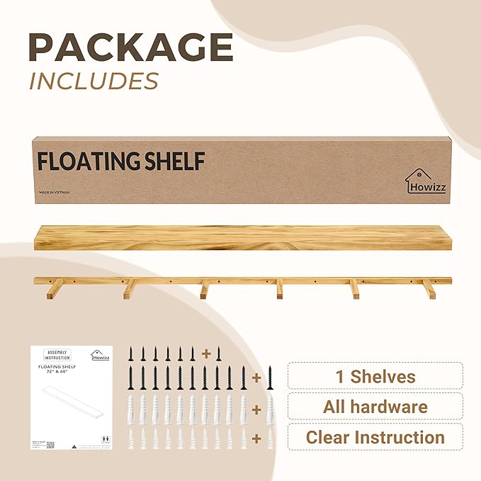 Howizz 60'' Pine Wood Floating Shelf for Wall - Rustic Wall Mounted Wooden Shelf for Stylish Home Décor, Fireplace Mantel 60inch (Dark Brown, 60x8x2) - 1pcs