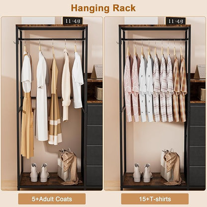 Dresser with Clothes Rack,58" H Clothing Rack with Fabric Drawers & LED Lights,Clothes Racks for Hanging Clothes,8 Drawers Dresser,Garment Rack for Bedroom with Charging Station,Grey