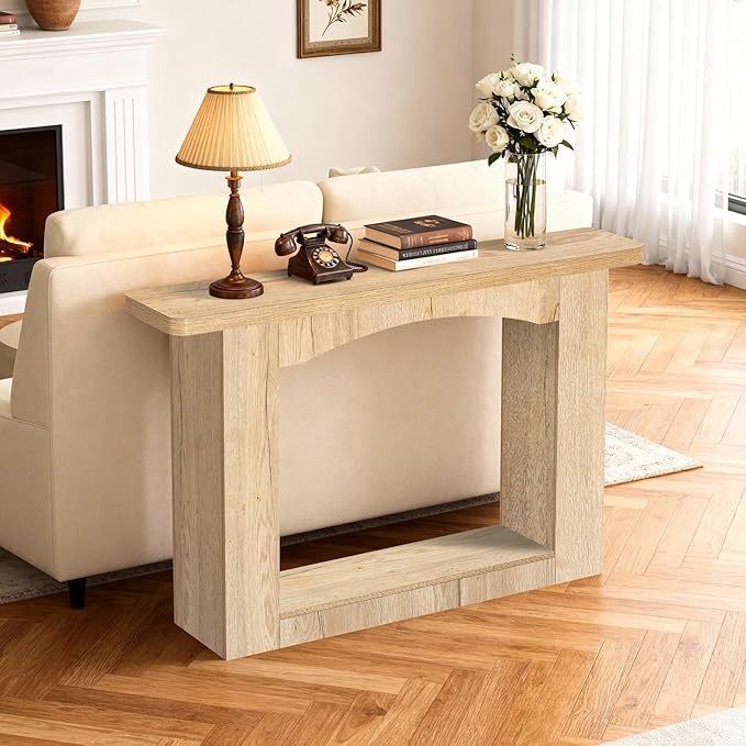 51 Inch Entryway Table U-Shaped Extension, 1.6 Inch Thick Desktop Wooden Console Table with Socket Farmhouse Sofa Table for Entrance, Hallway, Living Room,Behind Couch((Natural Brown)