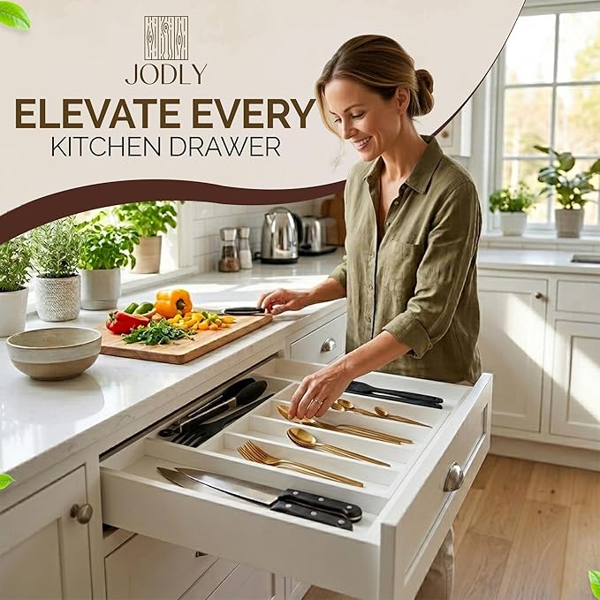 Bamboo Kitchen Utensil Drawer Organizer for Silverware | 100% Natural Expandable 14-20 Inch Kitchen Drawer Organizers for Utensils | Non-Slip Base | Screwed Joints for Long-Lasting Durability