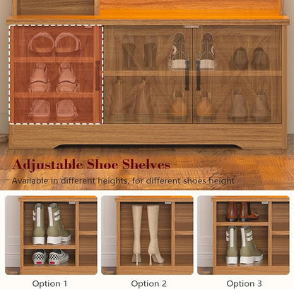 Hall Tree with Bench and Shoe Storage, Farmhouse Entryway Bench with Coat Racks and Led Lights, Tall Hall Tree with 7 Coat Hooks, 6 Storage Cubbies, Adjustable Shelf