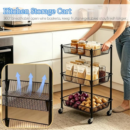 Pantry Organizer and Storage Shelves Kitchen Cart for Fruit Vegetables, 3 Tier Utility Cart with Wheels, Onion Potato Storage Basket Thicken Metal Trolley for Laundry Bathroom, Black