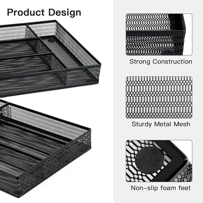 Neudeco Drawer Organizer Set, Black Mesh, 6 Pack | 5-Compartment Silverware Organizer Tray, 5 Utensil Trays, For Flatware, Cutlery, Office Supplies, Non-Slip
