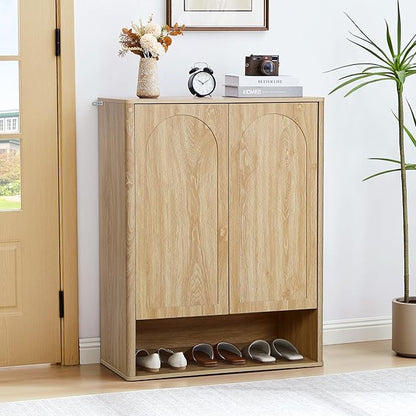 Shoe Cabinet, 5 Tier Wooden Shoe Storage Organizer Cabinet with Adjustable Shelves, Shoes Rack Accent Cabinet for Entryway Hallway Living Room, Natural