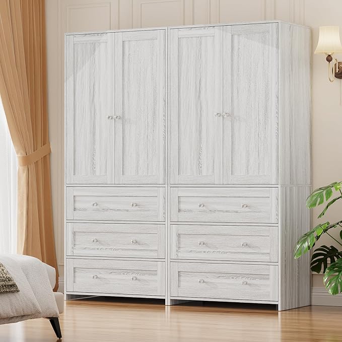 VOWNER Armoire Wardrobe Closet with Drawers and Mirror, 71" Clothing Storage Cabinet with Hanging Rod, 2 Doors Wooden Wardrobe Cabinet for Bedroom, Large Capacity Storage