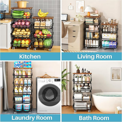 6 Tier Pantry Organizers and Storage Vegetable Fruit Basket for Kitchen, Stackable Flexible Design (3+3, 4+2, 5+1,6+0) Pantry organizers and storage for Kitchen Bathroom Livingroom Laundry Room Cart
