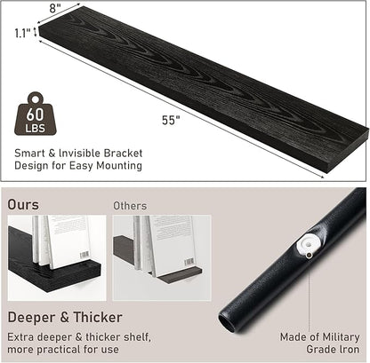 Fun Memories 55 Inch Long Floating Shelves for Wall, 8" Deep Floating Shelves for Bathroom Living Room Bedroom, Black Rustic Wall Mounted Shelf with Invisible Heavy-Duty Bracket, 2 Pack