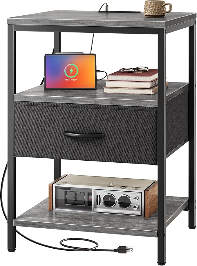 SUPERJARE Night Stand with Charger Station, 27.7 Inch Tall Nightstand with Adjustable Fabric Drawer, Bed Side Table, Fabric Drawer Dresser for Bedroom, Living Room, Charcoal Gray and Black