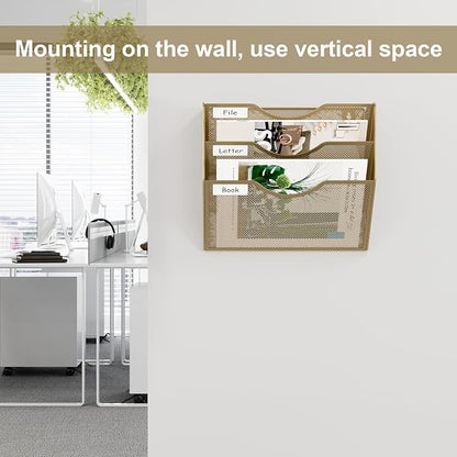 EasyPAG 3 Pocket Mesh Wall File Organizer, Hanging Paper Folder Holder with Classify Label, Vertical Wall Mount Mail Organizer for Office Home Classroom, Gold