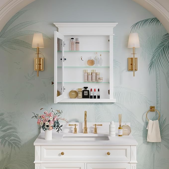 WELLFOR 26"x 32" Bathroom Medicine Cabinet with 3-Tier Adjustable Glass Shelves, Recessed Solid Wood Medicine Cabinet with Mirrors and Soft-Close Door